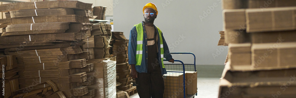 Leinwandbilder header of young warehouse worker in workwear pulling cart with packed boxes while moving between sta