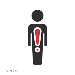 human with exclamation mark, alert risk for man icon, attention information caution, flat vector illustration