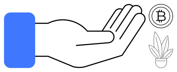 Obraz premium Open hand gesture suggesting exchange with a Bitcoin symbol and potted plant. Ideal for finance, digital currency, generosity, growth, investments, sustainability, technology. Clean abstract line