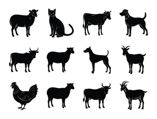 collection of domestic animals silhouettes on white background