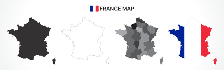 Detailed France Map Collection with Outline, Silhouette, Regions, and Flag Overlay Variations