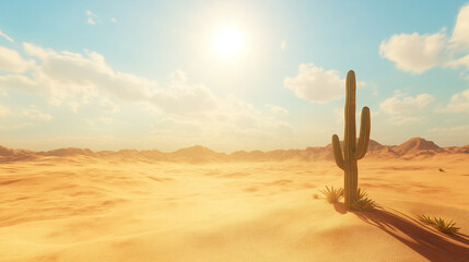 Expansive desert landscape stretching to the horizon with towering rock formations under blazing sunlight vividly