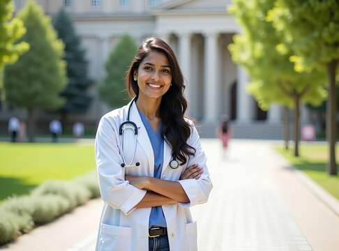 Indian Female Medical Student Standing Confidently at University Campus or female future doctor in the hospital smiling with ambition, medicine or nurse girl in healthcare school with stethoscope