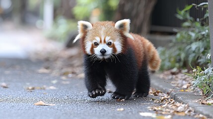 Red Panda Cub Walking on Pavement with Curious Expression Outdoor