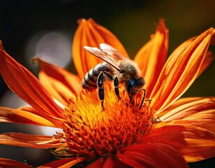 bright image of a bee on a wildflower, a bee collects pollen from a bright wildflower