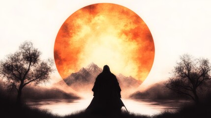 A lone figure stands silhouetted against a fiery, large celestial body and a mountain range, creating a dramatic and atmospheric scene.