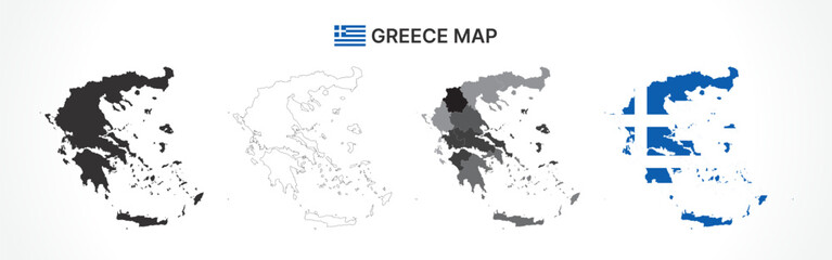 Detailed Greece Map Collection with Outline, Silhouette, Regions, and Flag Overlay Variations