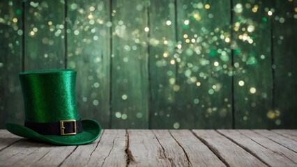 St Patrick's Day green top hat on rustic wood board mockup surface with green bokeh background