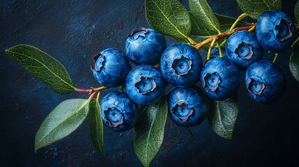 Fresh Blueberries on Branch with Green Leaves Dark Background
