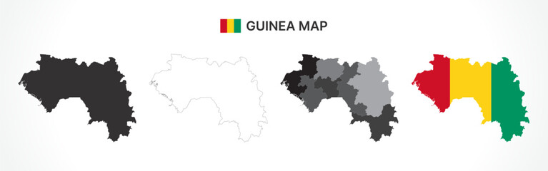 Detailed Guinea Map Collection with Outline, Silhouette, Regions, and Flag Overlay Variations