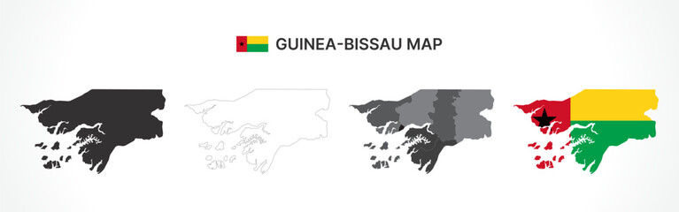 Detailed Guinea-Bissau Map Collection with Outline, Silhouette, Regions, and Flag Overlay Variations