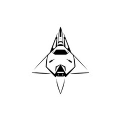Minimalist monochrome illustration of a stylized spaceship, facing forward.