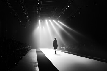 Monochromatic runway showcasing clean lines and soft lighting in a minimalist design during a fashion event at night. Generative AI