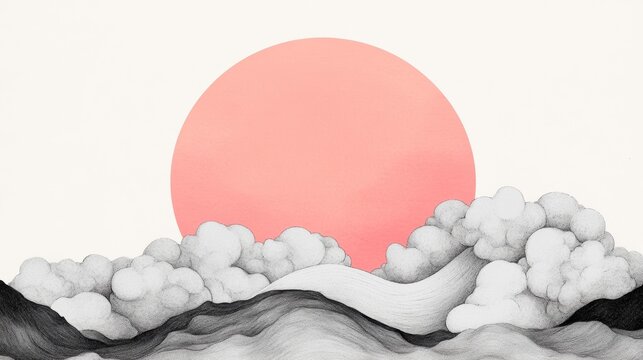 Serene minimalist landscape drawing with a pastel pink sun setting behind soft gray clouds and rolling hills.