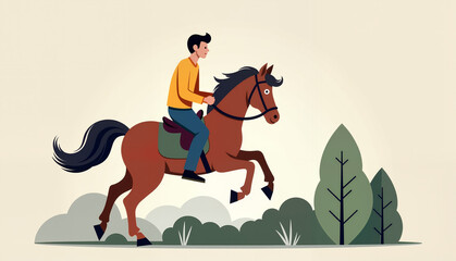 Man riding horse in motion against green trees