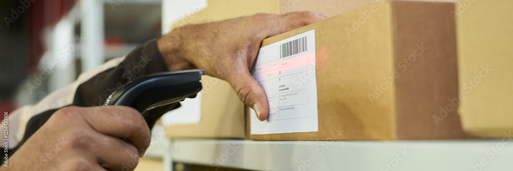 Leinwandbilder header of hand of modern engineer scanning barcodes on stickers on packed cardboard boxes standing o