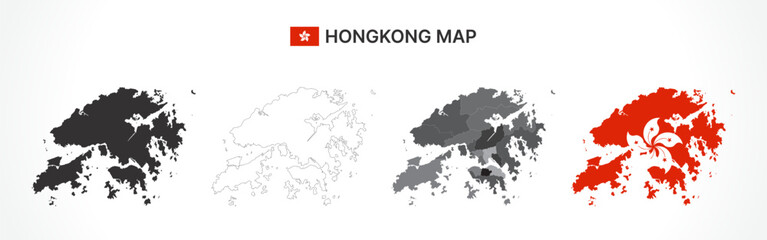 Detailed Hong Kong Map Collection with Outline, Silhouette, Districts, and Flag Overlay Variations