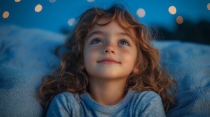 Dreaming Young Girl Looking Up at Lights with Gentle Smile