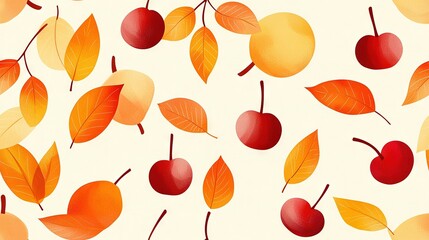 Fototapeta premium A pattern of cherries, leaves, apples on a white background, with oranges and reds on them