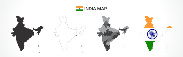 Detailed India Map Collection with Outline, Silhouette, States, and Flag Overlay Variations