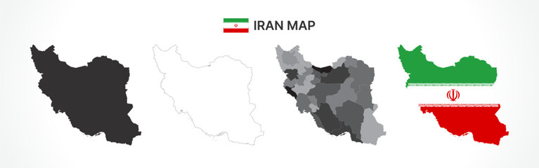 Detailed Iran Map Collection with Outline, Silhouette, Provinces, and Flag Overlay Variations