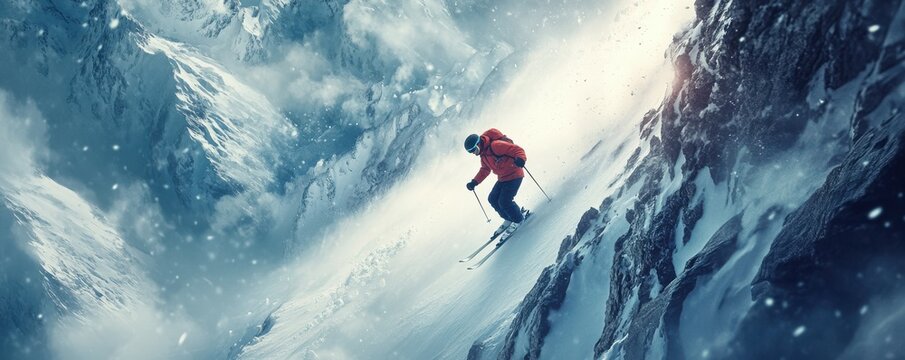 Lone skier descending steep mountain slope amidst dramatic snowy landscape