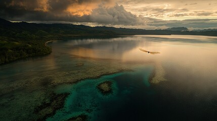 Fototapeta premium A bird flying over a lake with a boat in its center, framed by the gloomy clouds above