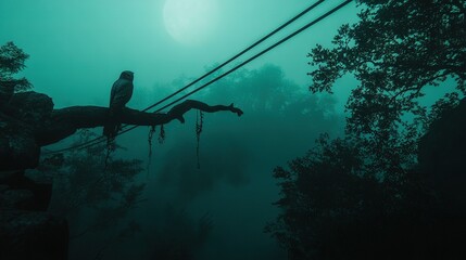   A bird perched high atop a tree branch amidst a dense forest of towering trees