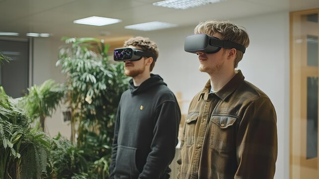 Virtual reality experience in office setting with young adults engaged in technology exploration