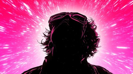 Fototapeta premium Silhouette of a person with goggles looking up at a vibrant pink light streak background.
