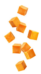 Falling Sweet Potato cube, isolated on white background, full depth of field