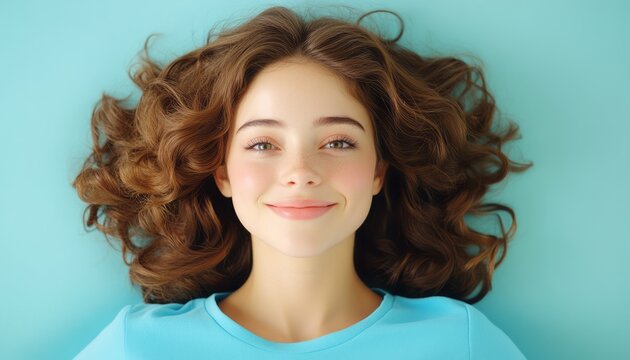 A young woman lies back with curly hair spread out, smiling happily against a blue backdrop