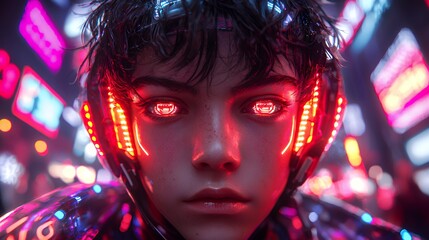 Futuristic Teen with Glowing Eyes in a Neon Cityscape Portrait