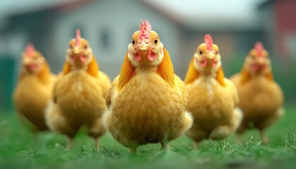 Fototapeta premium Cheerful chickens walk in formation across a foggy, green field