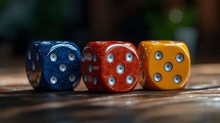 Colorful Dice Arranged on Wooden Surface Perfect for Game Night