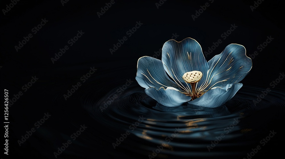 Sticker   A blue flower floats atop a body of water, surrounded by a single droplet