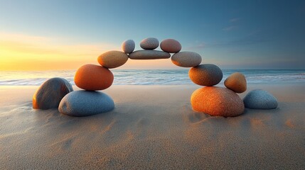 Tranquil beach scene at sunset with balanced stones forming an arch over golden sand and ocean waves