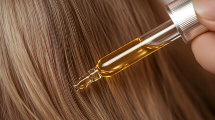 Naklejka premium Hair Treatment: Applying nourishing oil with dropper for shiny, healthy hair. Focus on revitalization, strength, and natural beauty in haircare routine.
