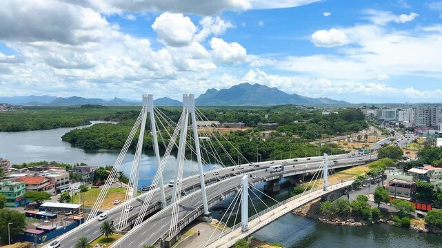 Aerial view of Ponte da Passagem cable-stayed bridge in Vitoria, Espirito Santo, Brazil