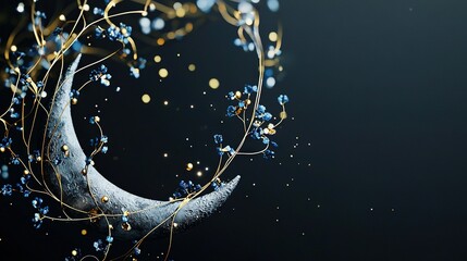   A photo of a crescent moon with blue flowers surrounding it and strings of lights dangling off the side