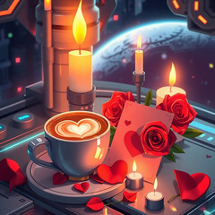 Romantic Latte Art: Candles, Roses, and a Futuristic Setting