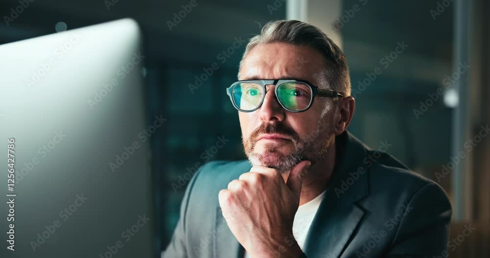 Poster Mature man, night and computer for thinking in office, senior software developer and ideas for html. Glasses, reflection and brainstorming solution for cpu update, programming system and online