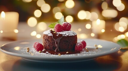  White plate holding a chocolate-covered raspberry cake with a dusting of powdered sugar