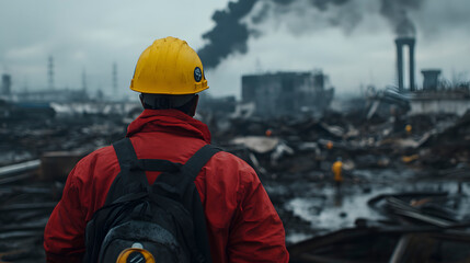 Worker surveying industrial disaster site with debris and smoke. Yellow hardhat for safety. Environmental concerns, structural damage in aftermath.