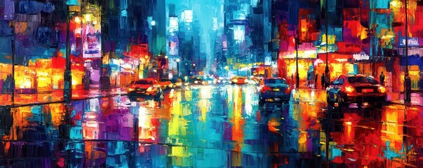 Vibrant city street at night with colorful reflections and bright neon lights