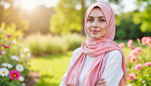 Woman in pink headscarf smiling in peaceful garden, inner tranquility