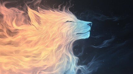 Serene, ethereal wolf, depicted in warm and cool tones, appears as if made of smoke and fire. A tranquil image with mystical vibes.