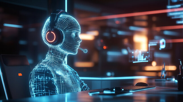 Hologram Support Service. The 24-hour support service consists of polygons, triangles of dots and lines. Headphones with a microphone have a low-poly connection structure. Technology concept vector.