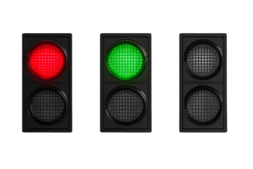 Three traffic lights are shown in a row, with the middle one green