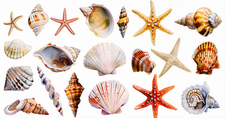 Collection of watercolor, colorful sea shells on clean white surface, perfect for decoration or design